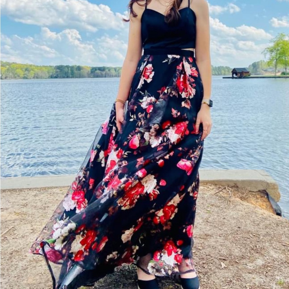 Crystal Doll prom dress with black attached bodice and full skirt